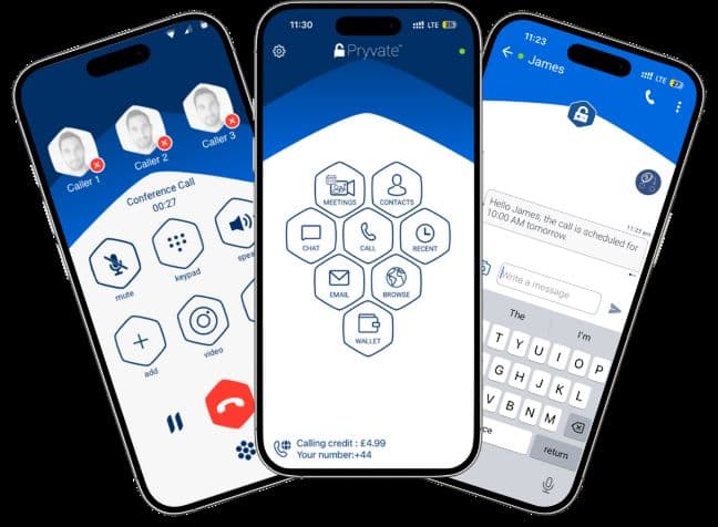 Pryvate Messenger app on three iPhones showing conference calls, home screen, and messaging